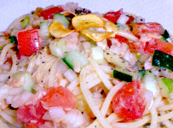 JAあわじ島の特産品レシピ「夏野菜とシーチキンの冷製パスタ」